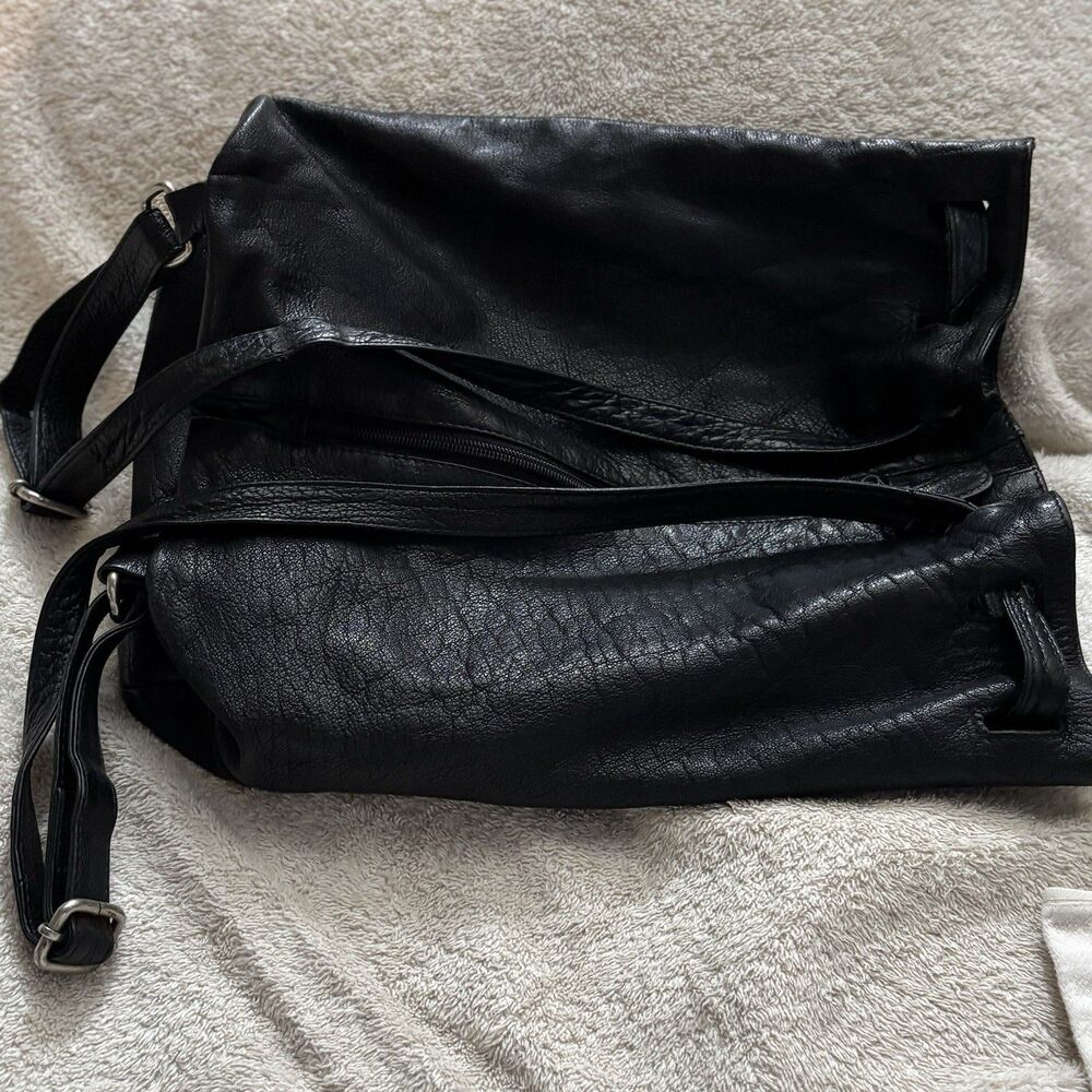 Vintage Black Leather Backpack Drawstring Sack Style Back Zip Pocket Distressed - Picture 10 of 12